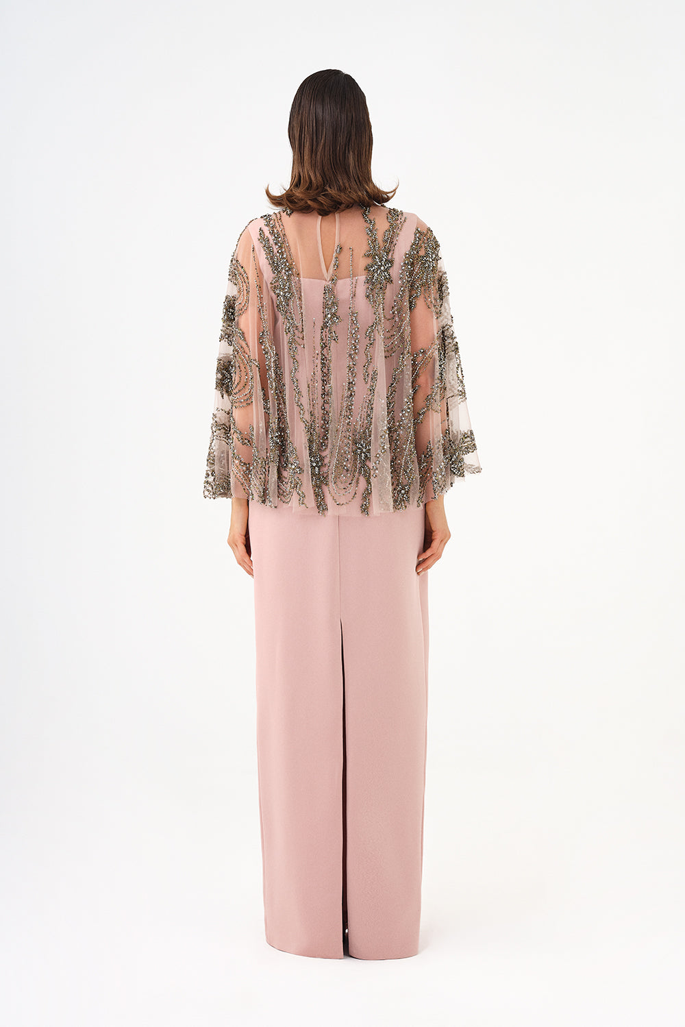 Long Evening Dress with Stone Embroidered Cape Straps - 9004C