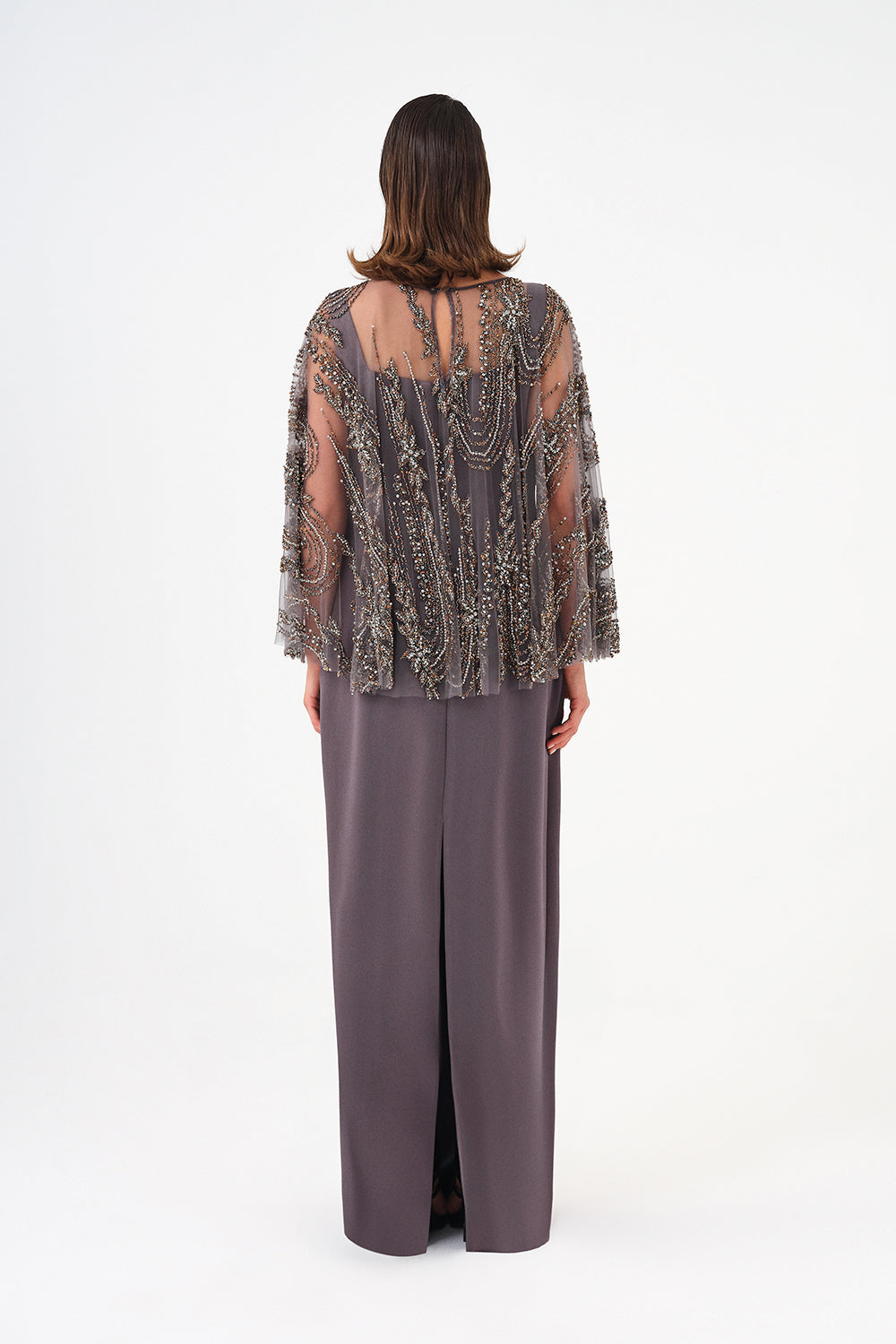 Long Evening Dress with Stone Embroidered Cape Straps - 9004C