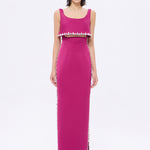 فستان سهرة طويل برقبة حبال مطرزة بالخرز وشق - 2006C