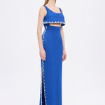 فستان سهرة طويل برقبة حبال مطرزة بالخرز وشق - 2006C