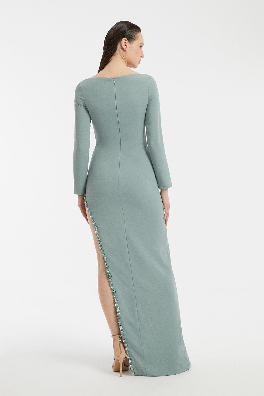 Bust Embroidery Detailed Long Sleeve Slit Long Evening Dress - 3005C