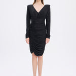 Draped Rhinestone Applied Midi Evening Dress - 1017C