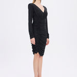 Draped Rhinestone Applied Midi Evening Dress - 1017C