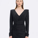Draped Rhinestone Applied Midi Evening Dress - 1017C