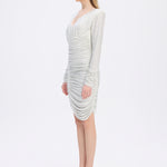 Draped Rhinestone Applied Midi Evening Dress - 1017C