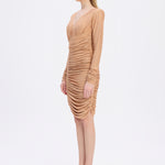 Draped Rhinestone Applied Midi Evening Dress - 1017C