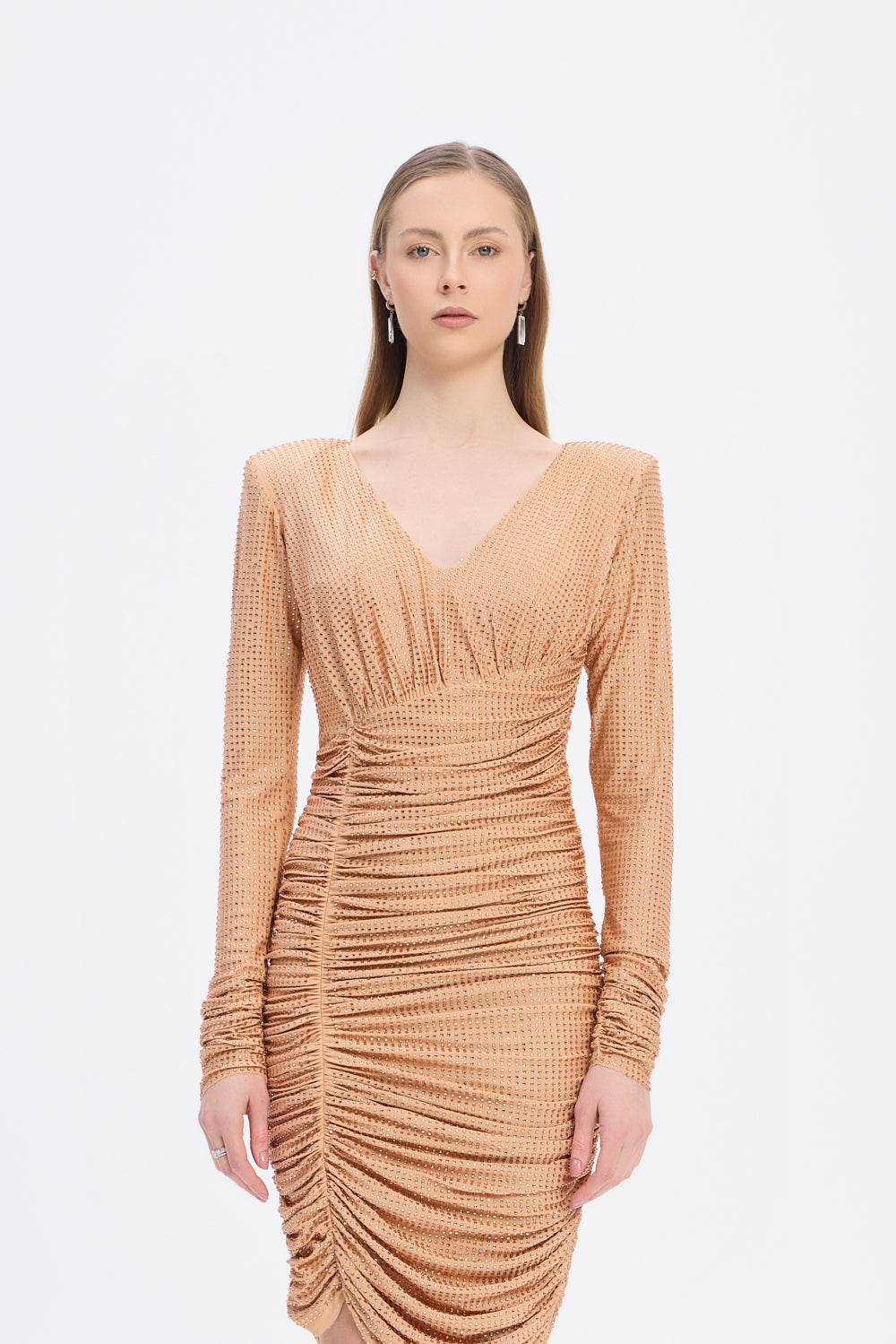 Drapeli Taşlı V Yaka Mini Abiye Elbise - 1017C - GOLD