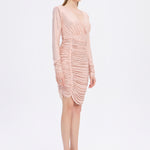 Draped Rhinestone Applied Midi Evening Dress - 1017C