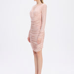 Draped Rhinestone Applied Midi Evening Dress - 1017C