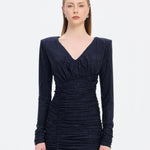 Draped Rhinestone Applied Midi Evening Dress - 1017C