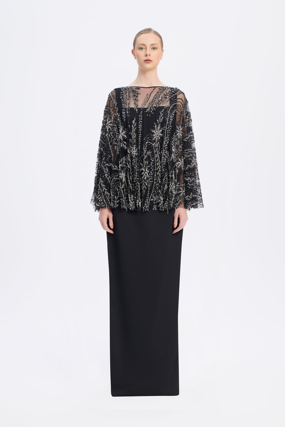 Long Evening Dress with Stone Embroidered Cape Straps - 9004C