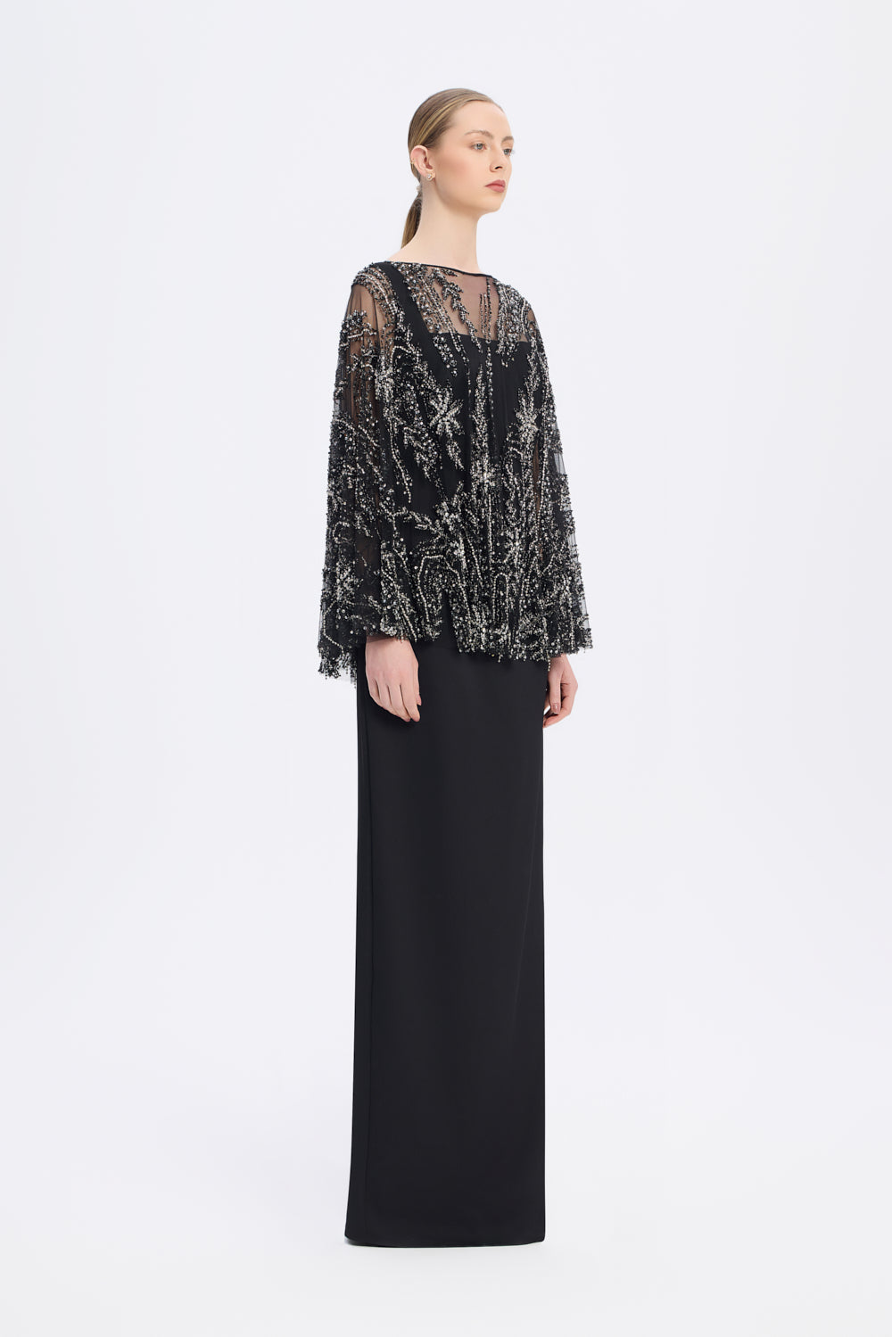 Long Evening Dress with Stone Embroidered Cape Straps - 9004C