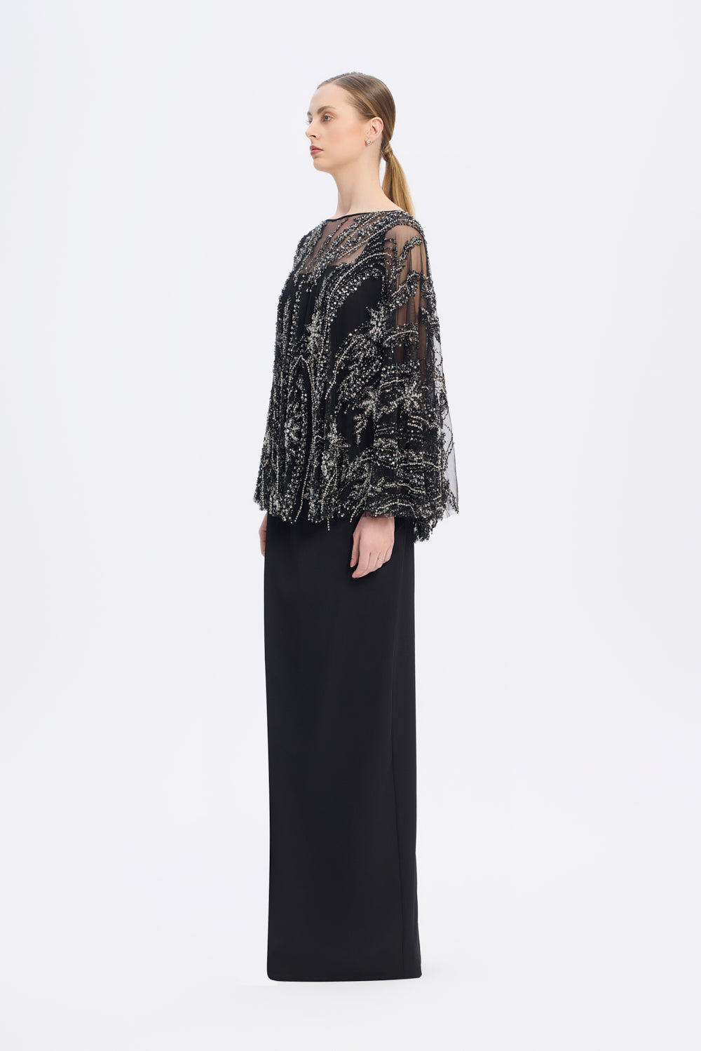Long Evening Dress with Stone Embroidered Cape Straps - 9004C