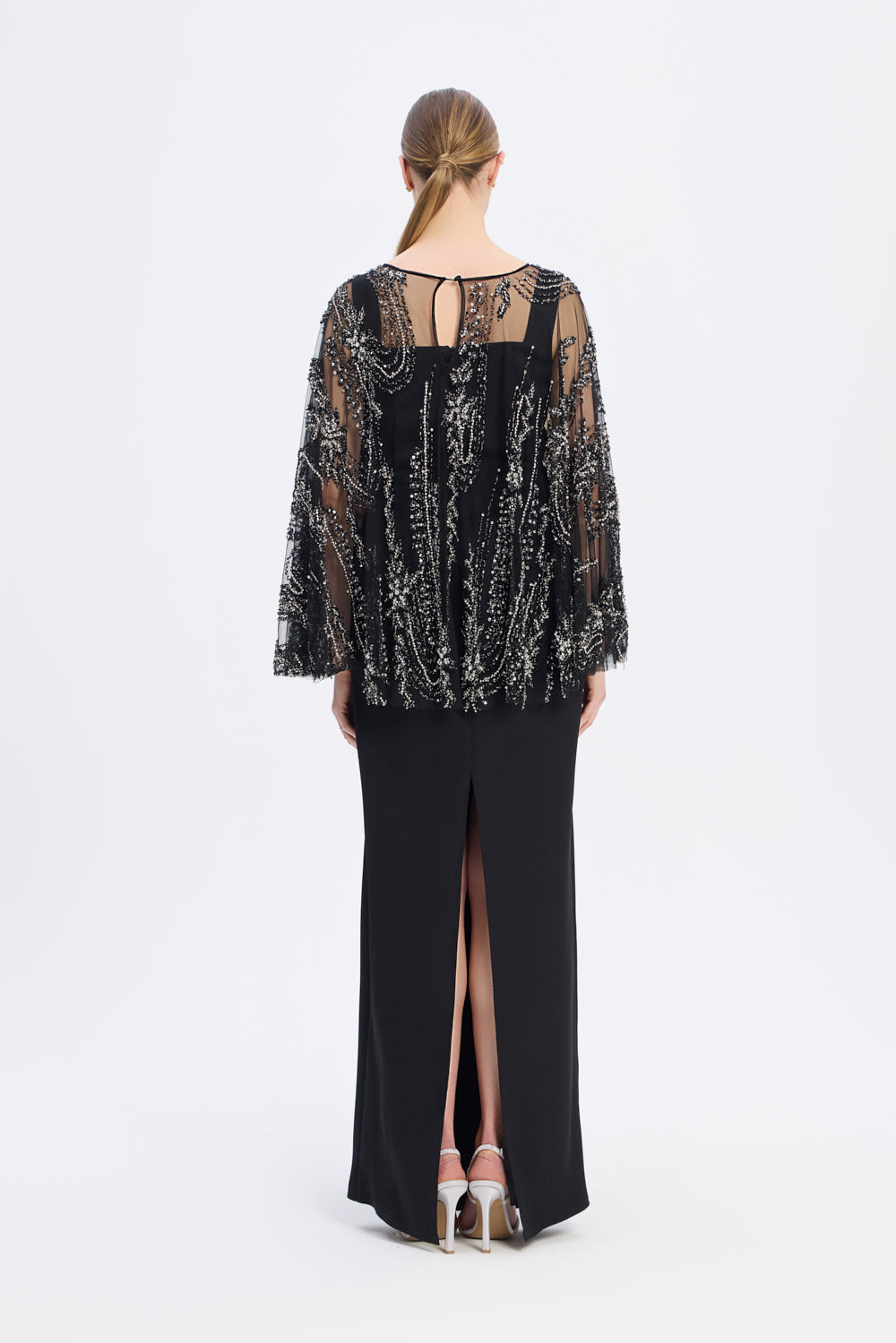 Long Evening Dress with Stone Embroidered Cape Straps - 9004C