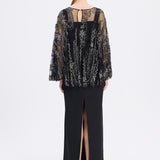 Long Evening Dress with Stone Embroidered Cape Straps - 9004C
