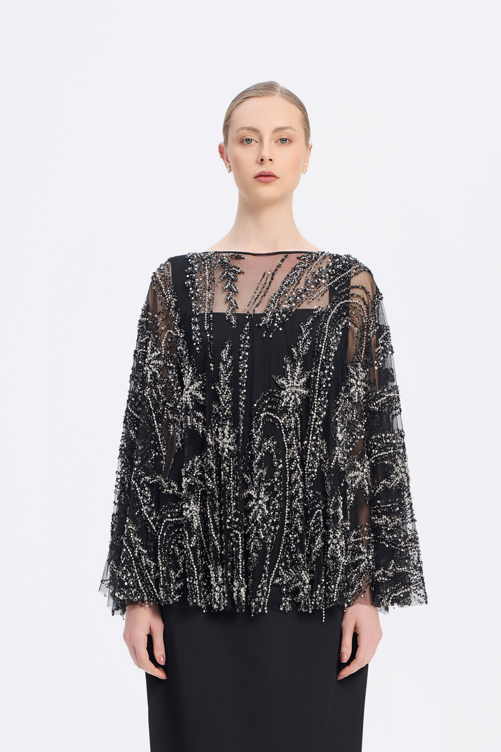Long Evening Dress with Stone Embroidered Cape Straps - 9004C