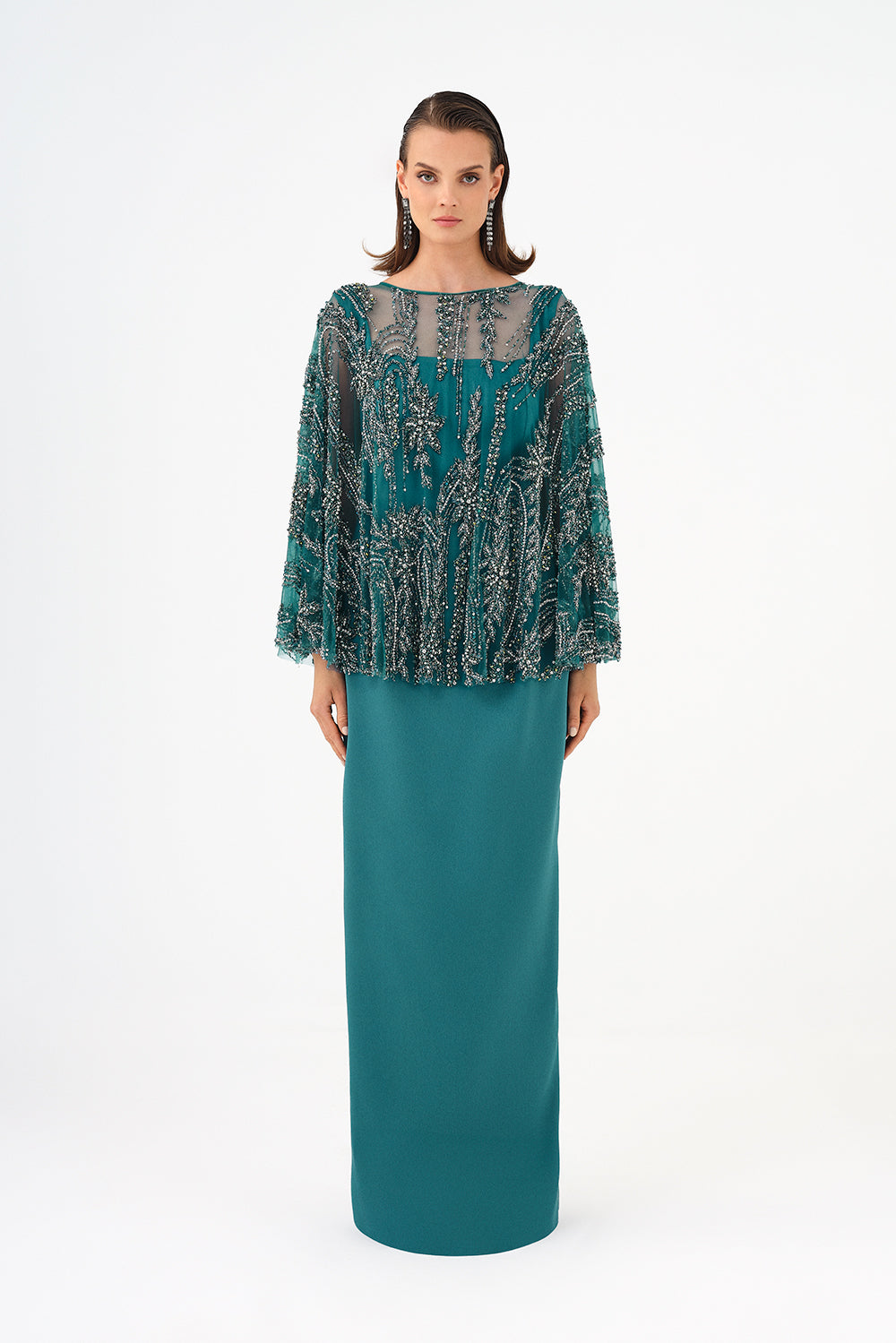 Long Evening Dress with Stone Embroidered Cape Straps - 9004C