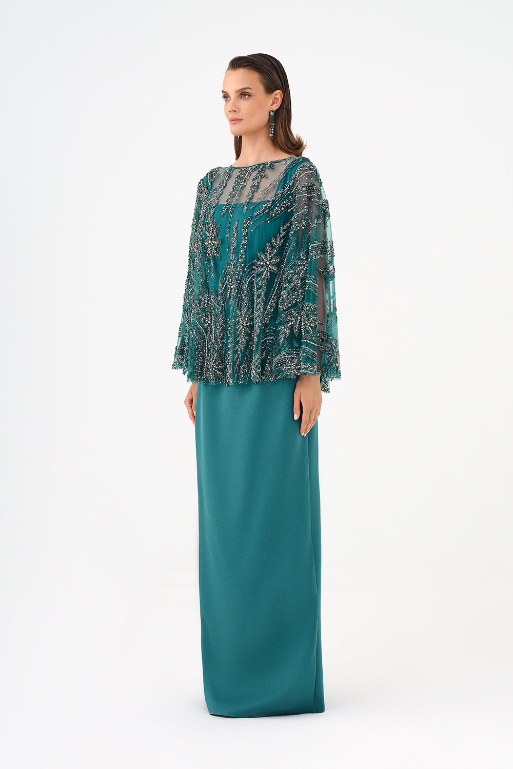 Long Evening Dress with Stone Embroidered Cape Straps - 9004C