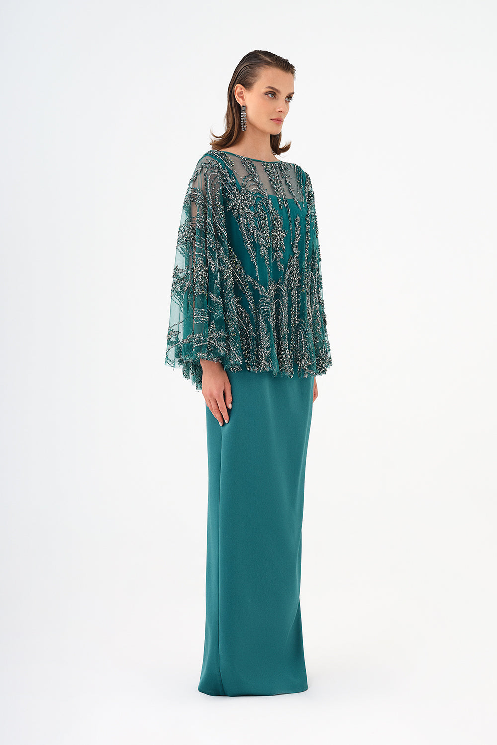 Long Evening Dress with Stone Embroidered Cape Straps - 9004C