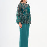 Long Evening Dress with Stone Embroidered Cape Straps - 9004C