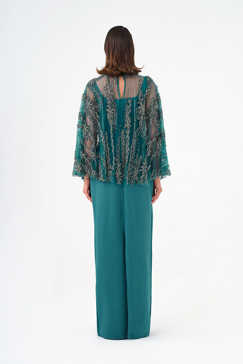 Long Evening Dress with Stone Embroidered Cape Straps - 9004C