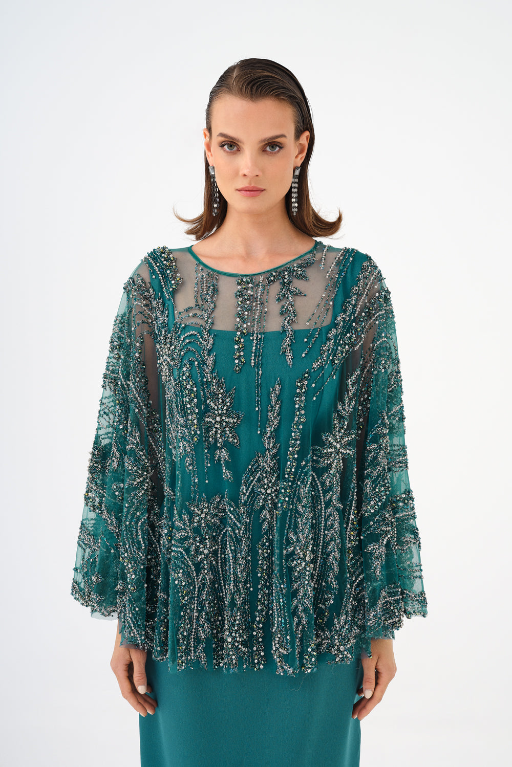 Long Evening Dress with Stone Embroidered Cape Straps - 9004C