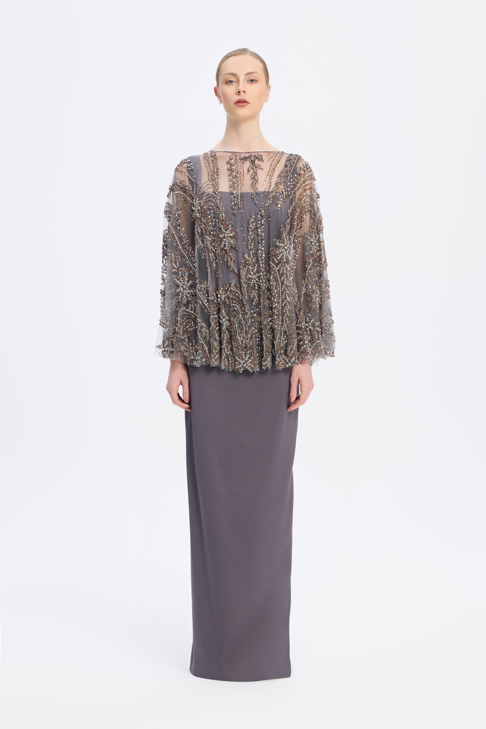 Long Evening Dress with Stone Embroidered Cape Straps - 9004C