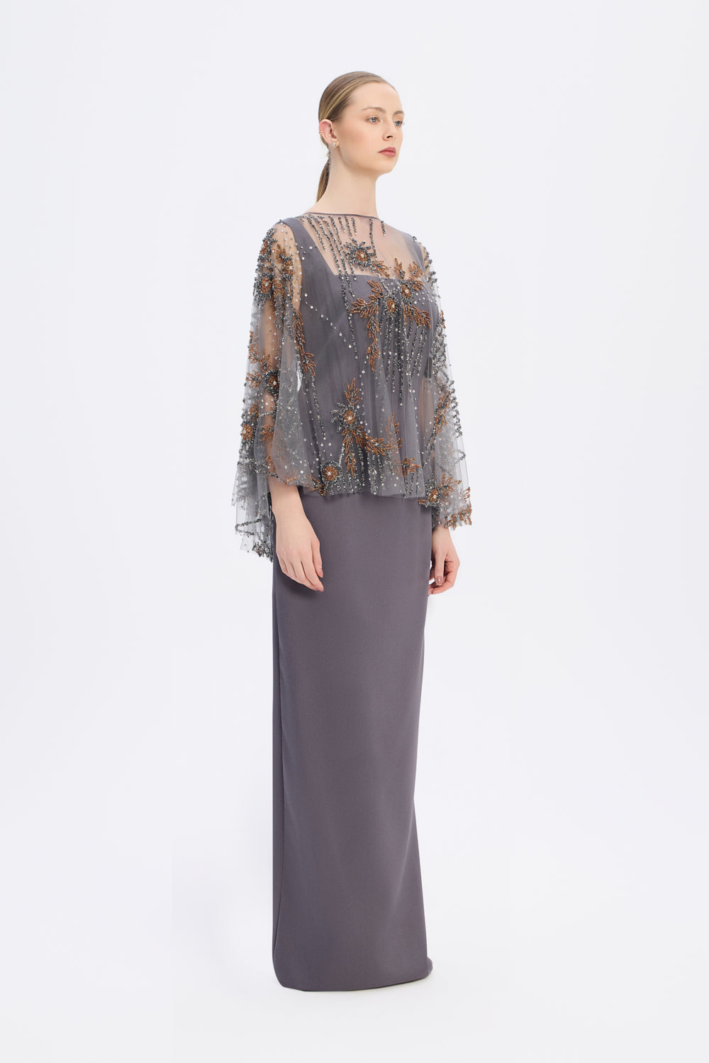Long Evening Dress with Stone Embroidered Cape Straps - 9004C