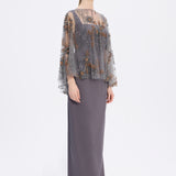 Long Evening Dress with Stone Embroidered Cape Straps - 9004C