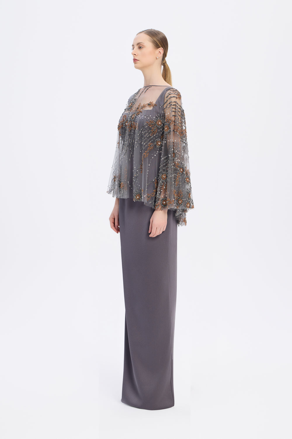 Long Evening Dress with Stone Embroidered Cape Straps - 9004C