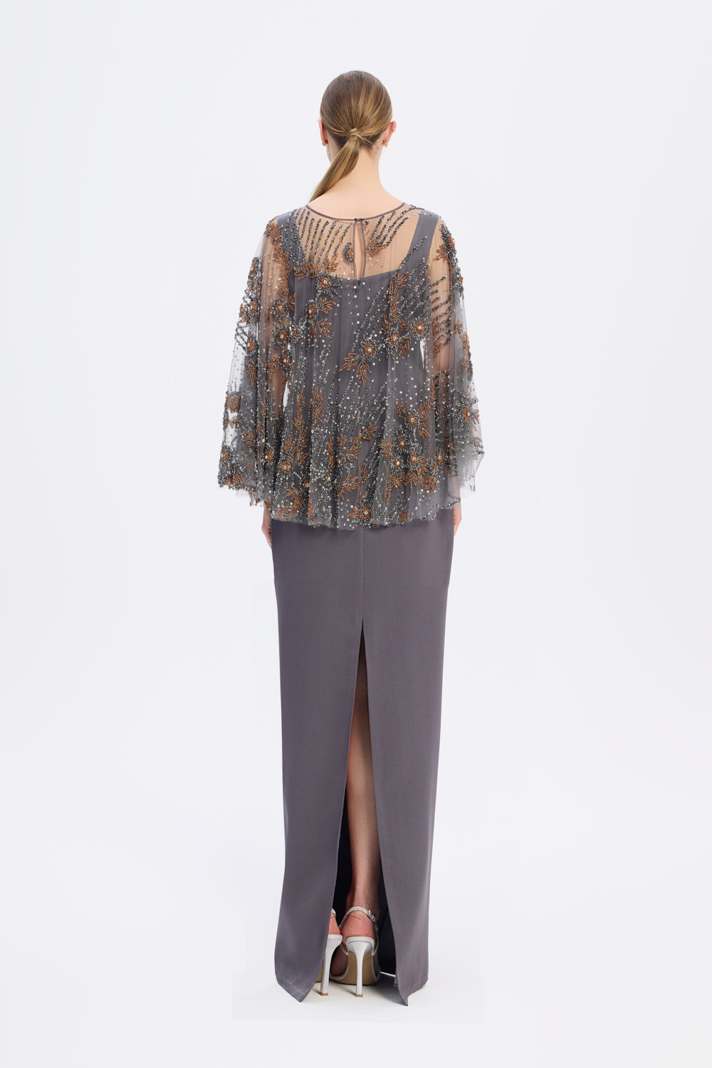 Long Evening Dress with Stone Embroidered Cape Straps - 9004C