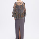 Long Evening Dress with Stone Embroidered Cape Straps - 9004C