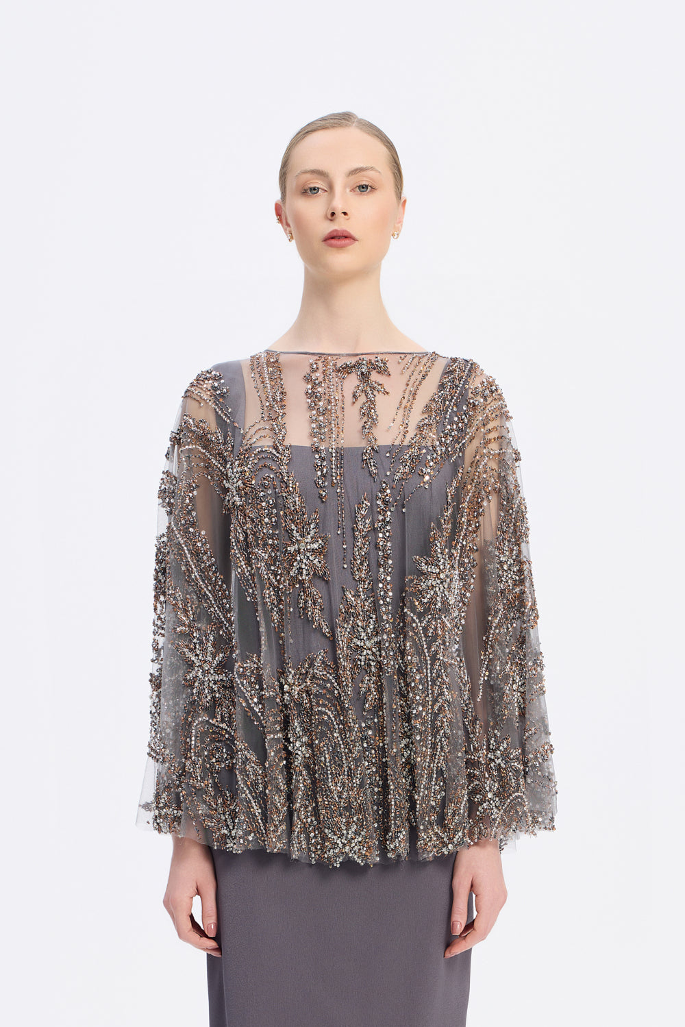 Long Evening Dress with Stone Embroidered Cape Straps - 9004C