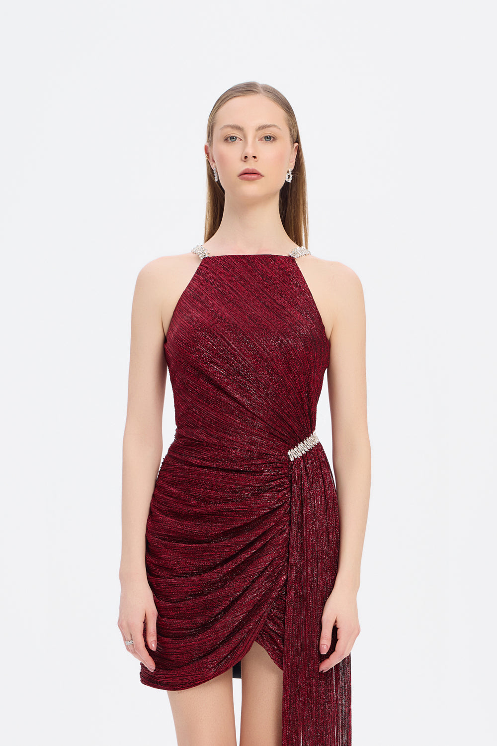 Mini Evening Dress with Stone Drape Detail - 9009C