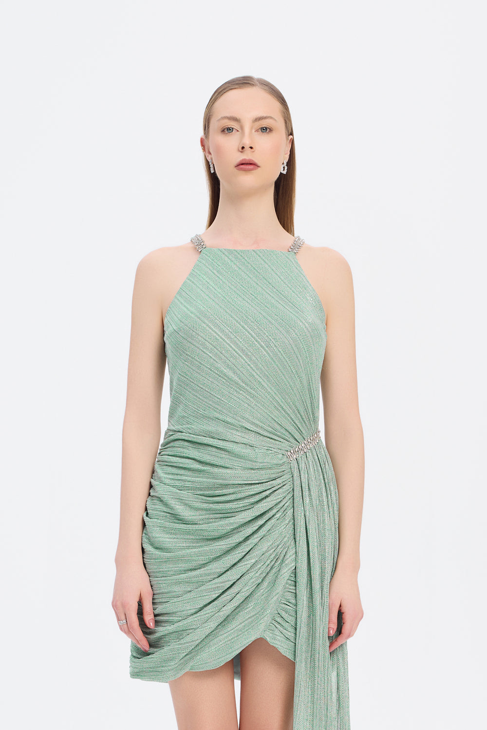 Mini Evening Dress with Stone Drape Detail - 9009C