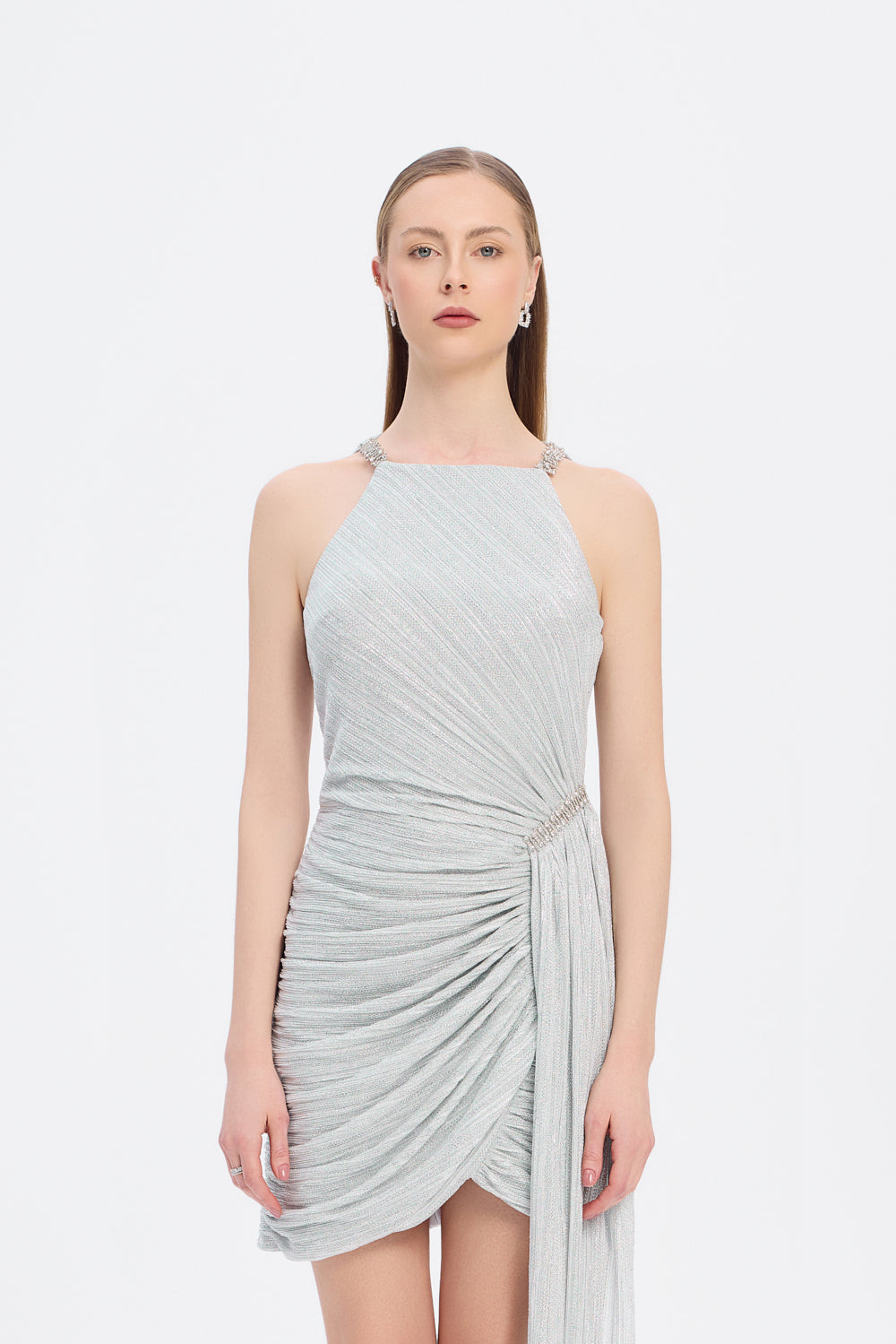 Mini Evening Dress with Stone Drape Detail - 9009C