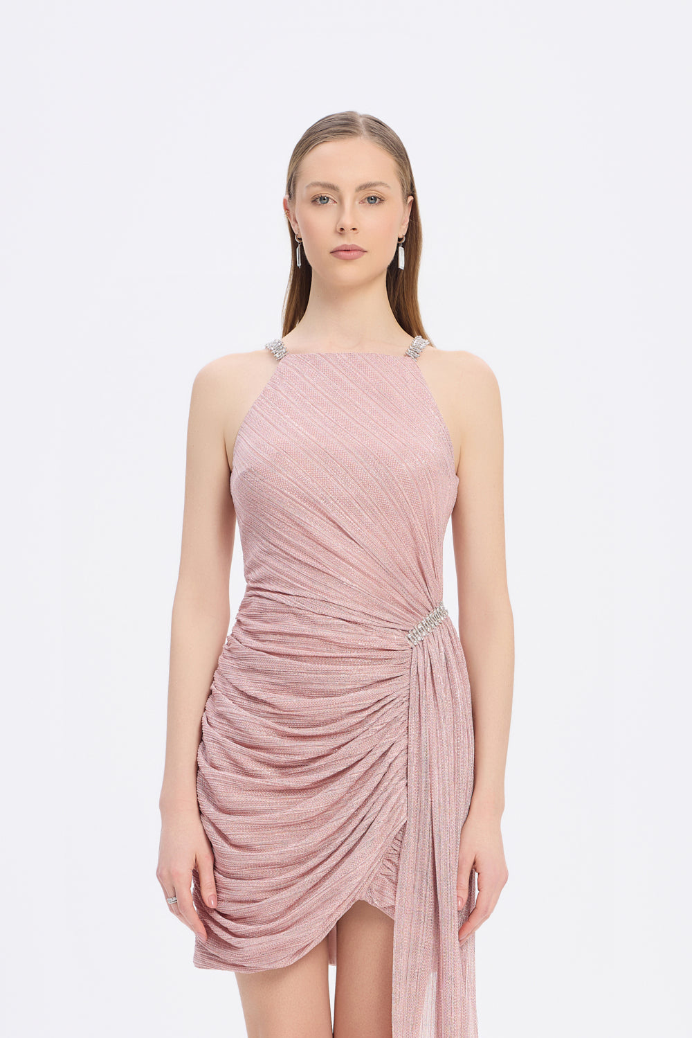 Mini Evening Dress with Stone Drape Detail - 9009C
