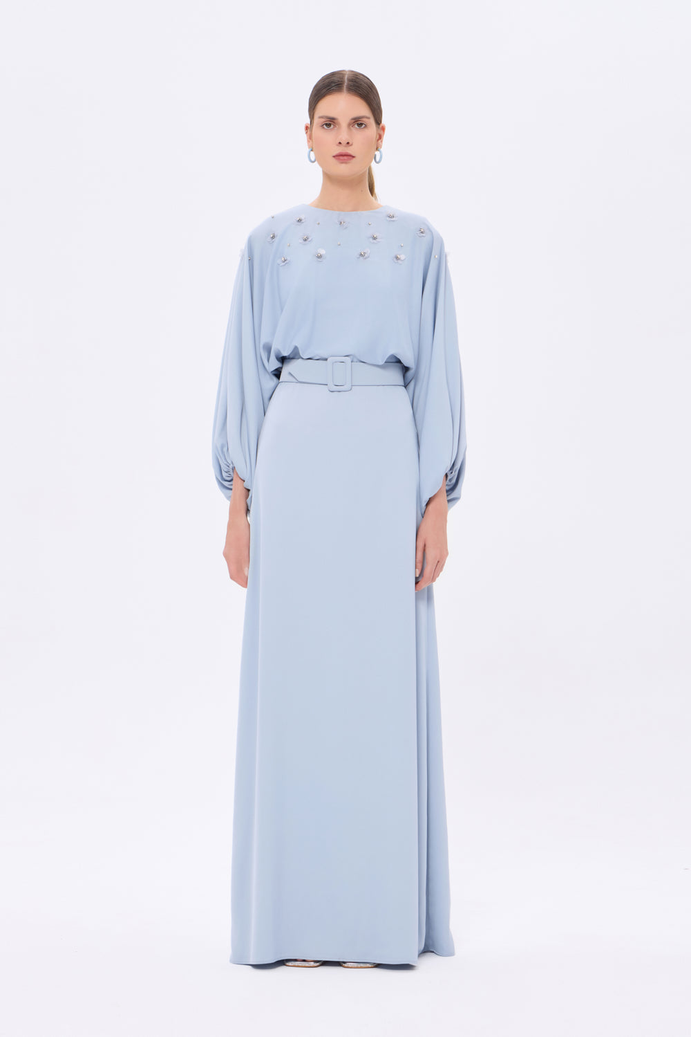 Flower Embroidered Belted Satin Long Evening Dress - 9075C