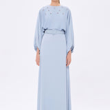 Flower Embroidered Belted Satin Long Evening Dress - 9075C