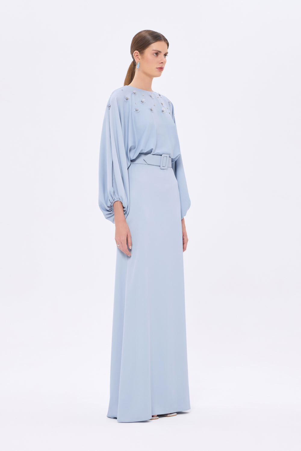 Flower Embroidered Belted Satin Long Evening Dress - 9075C
