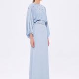 Flower Embroidered Belted Satin Long Evening Dress - 9075C
