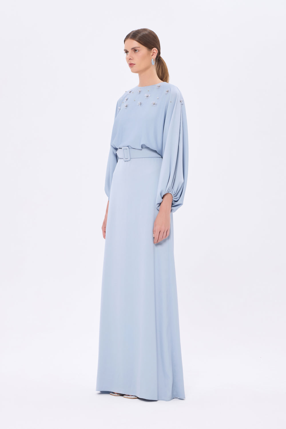 Flower Embroidered Belted Satin Long Evening Dress - 9075C