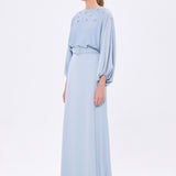Flower Embroidered Belted Satin Long Evening Dress - 9075C