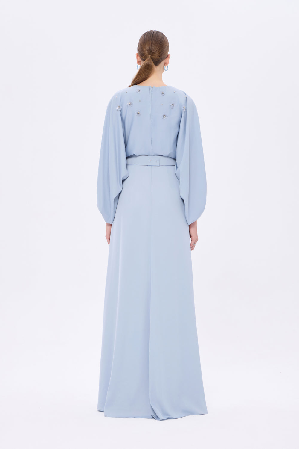 Flower Embroidered Belted Satin Long Evening Dress - 9075C