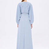 Flower Embroidered Belted Satin Long Evening Dress - 9075C