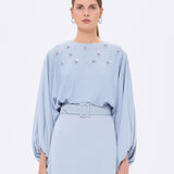 Flower Embroidered Belted Satin Long Evening Dress - 9075C