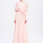 Taş İşlemeli Şallı Saten Uzun Abiye Elbise - 9093C - Açık Pudra
