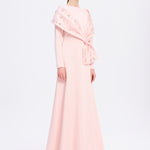 Taş İşlemeli Şallı Saten Uzun Abiye Elbise - 9093C - Açık Pudra