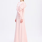 Taş İşlemeli Şallı Saten Uzun Abiye Elbise - 9093C - Açık Pudra
