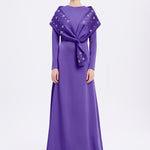 Taş İşlemeli Şallı Saten Uzun Abiye Elbise - 9093C - MOR